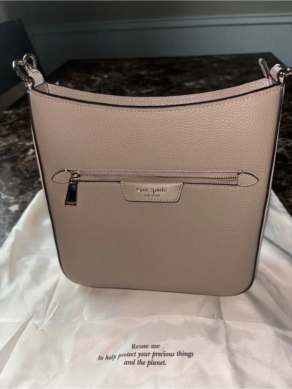 Kate Spade - Pebbled Leather Crossbody in Taupe with Yellow-Striped Strap